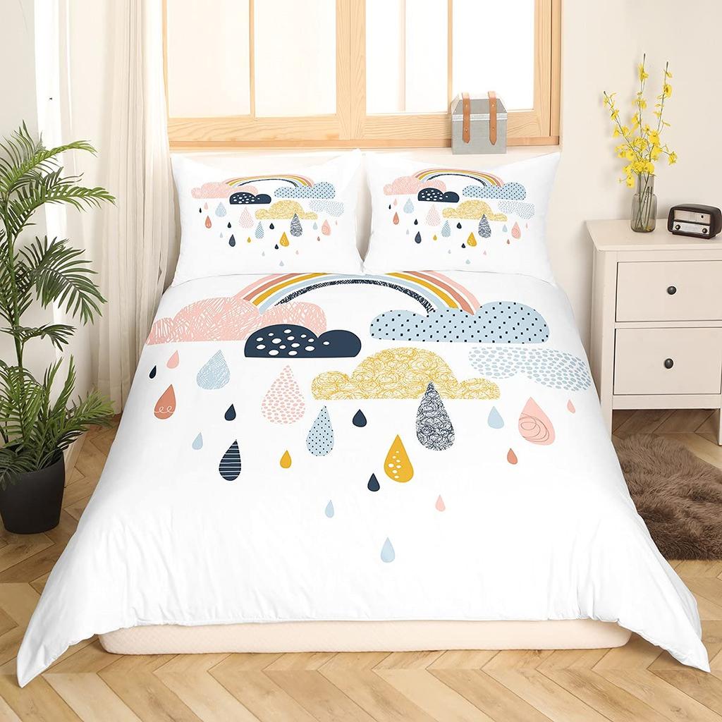 Cartoon Rainbow King Queen Duvet Cover Kids Girls Colorful Clouds Bedding Set Love Heart Comforter Cover Polyester Quilt Cover