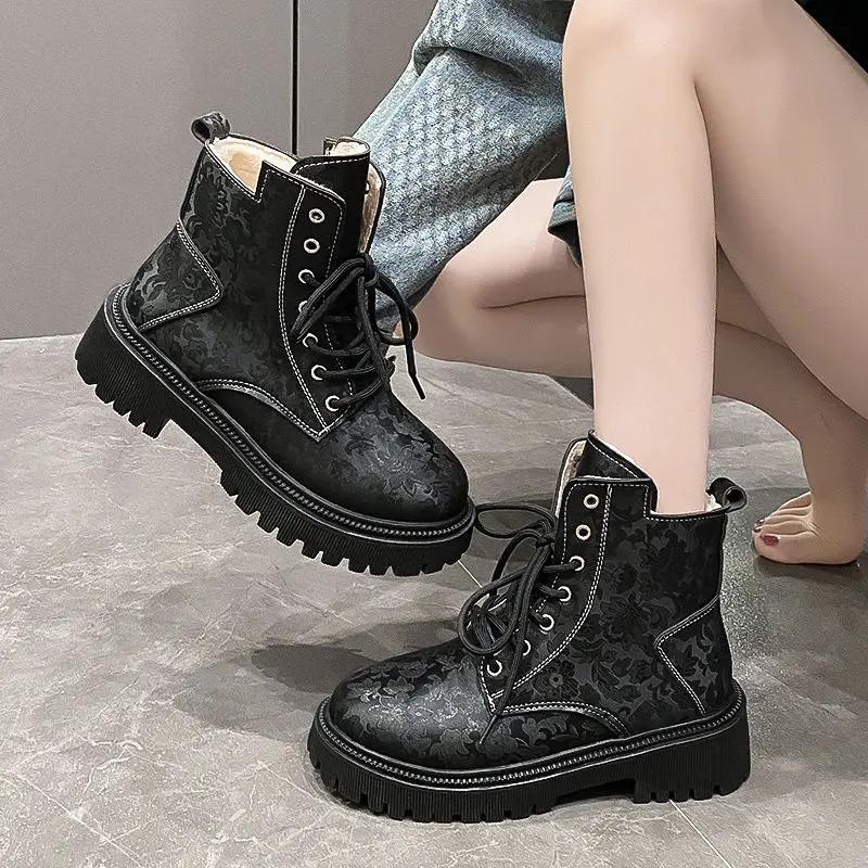 Женские ботильоны со шнурками, ботинки на шнуровке, зима 2024, большие размеры, теплые женские короткие туфли, мода, осень-весна, тренд, ПУ, популярный
