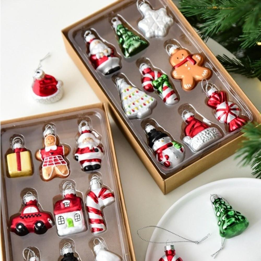 6/9pcs Santa Claus 3D Painting Pendant Glass Christmas Tree Charm Xmas Tree Ornaments Home Decor