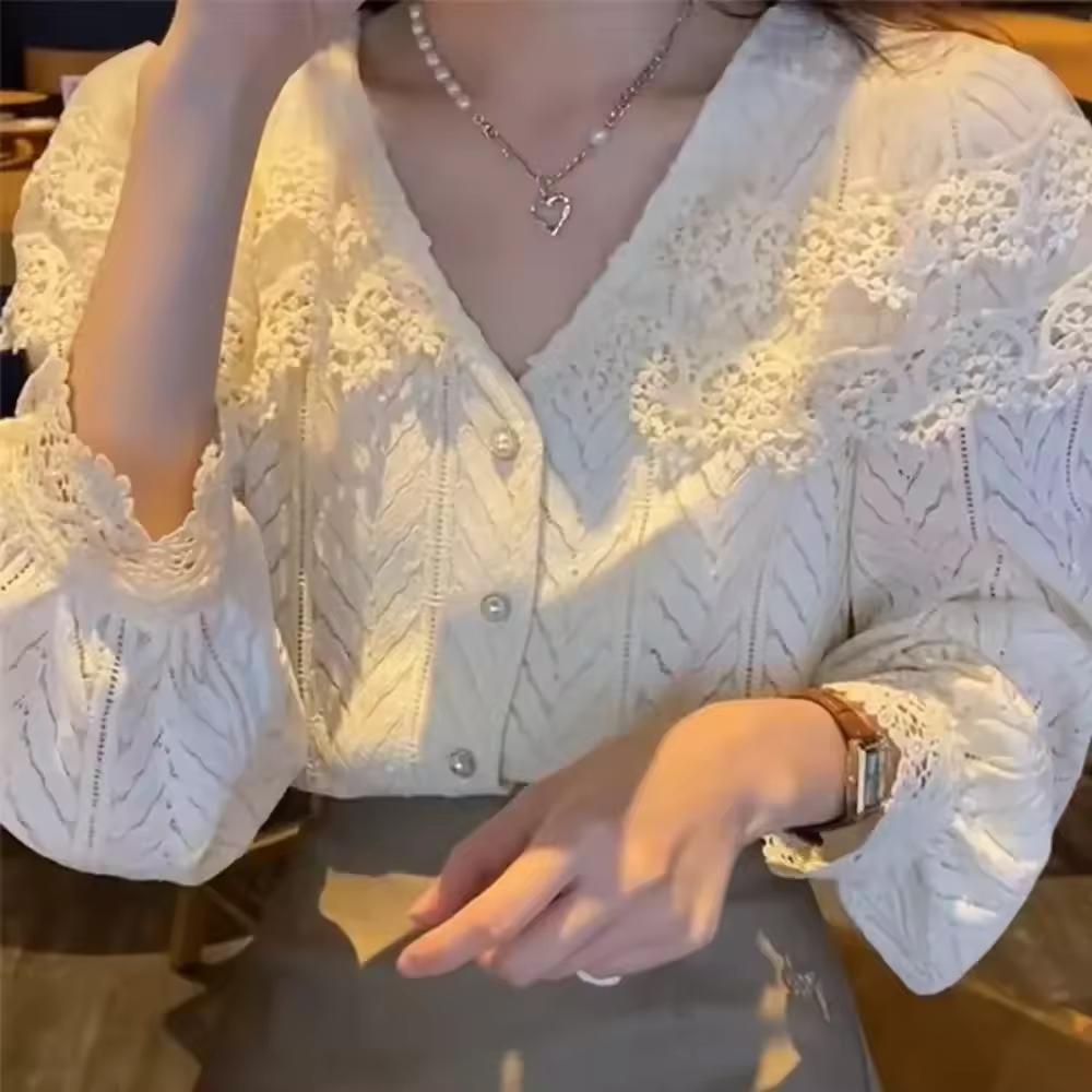 Женская кружевная блузка в стиле ретро с французским темпераментом, осенняя, с нежным старением, изящная