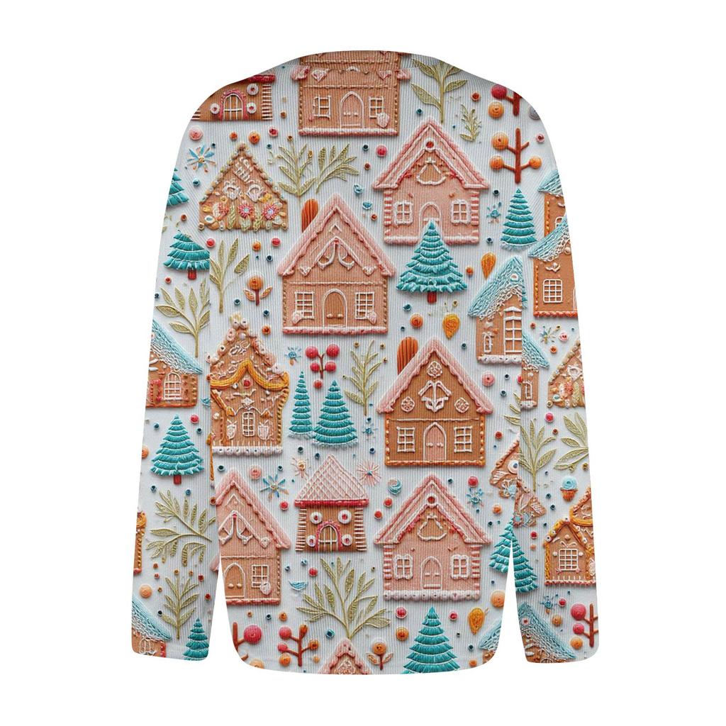 Women's Fashion Casual Knit Sweater Button-Up Christmas Print Cardigan Jacket