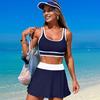 2Pcs/Set Women Tankini Set Low O-Neck Sleeve Tank Tops Tummy Control Side Split Skorts Set Patchwork Color Swimwear