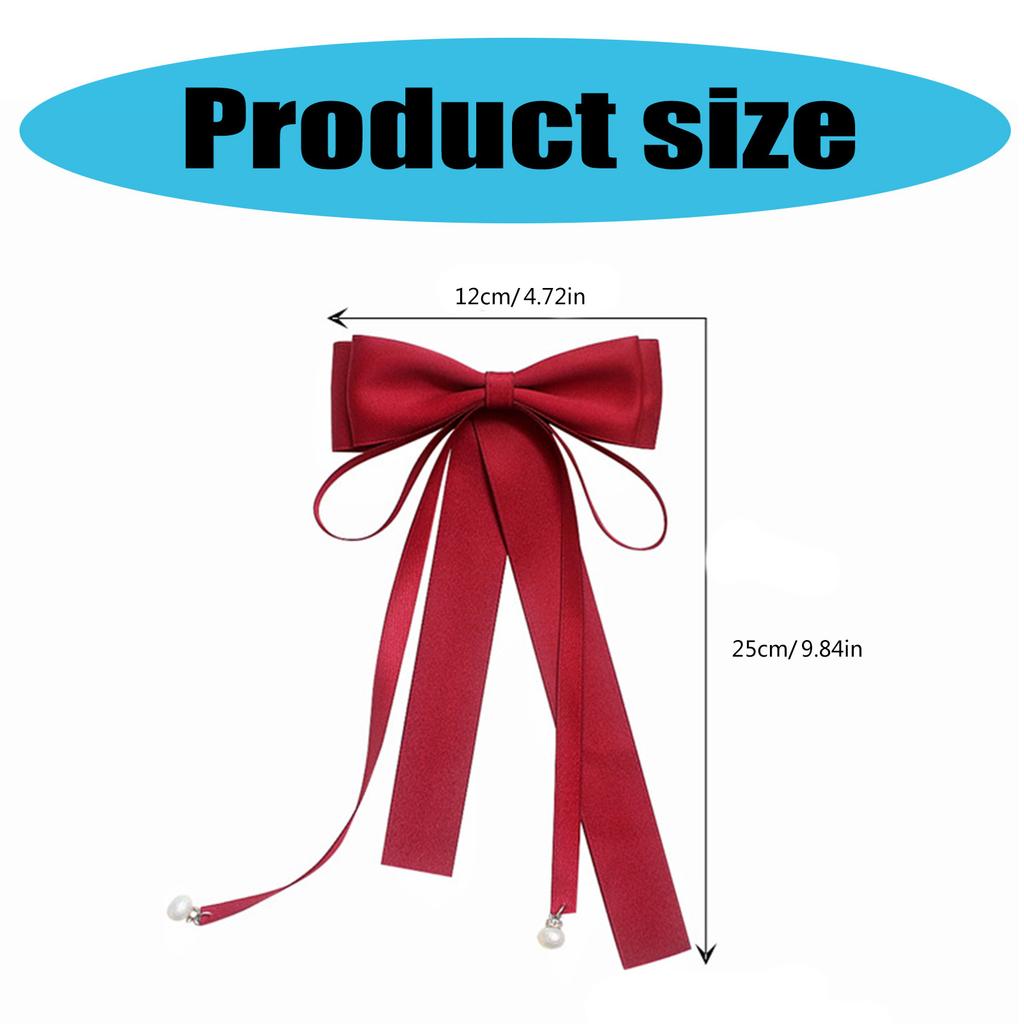 Elegant Pearls Long Ribbon Bowtie with Pin Pre Tied Adjustable Preppy Styles Bowknot Necktie for Fashionable Women Ties