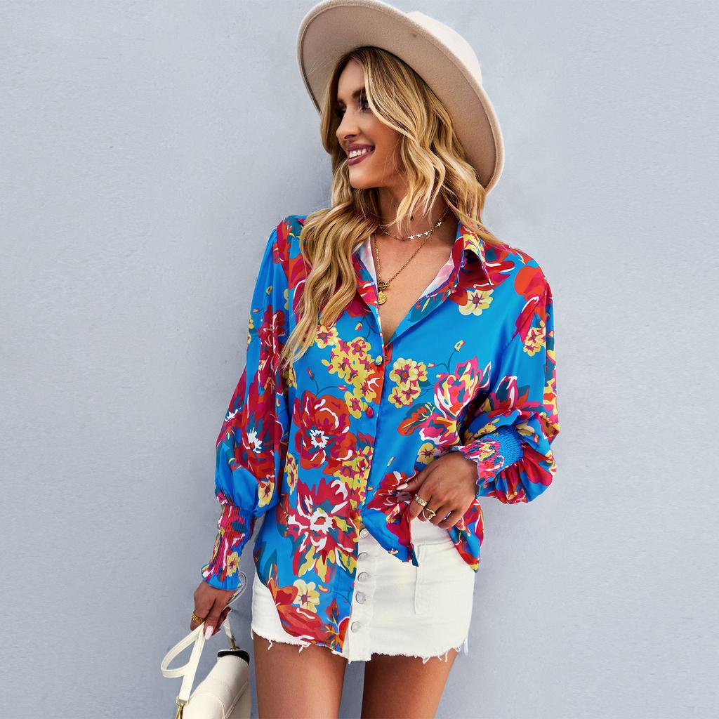 Spring Autumn Woman's Blouse Shirt POLO Collar In Contrasting Color Printed Long Sleeve Loose Casual Tops
