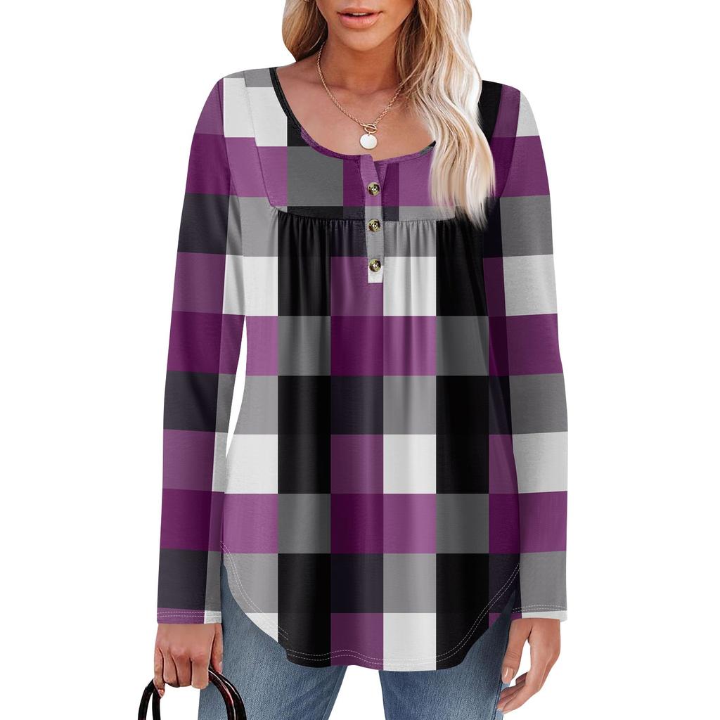 Женская туника с длинным рукавом, свободные топы, повседневные топы оверсайз, плиссированная туника, застегивающаяся на пуговицы, повседневные женские топы с принтом