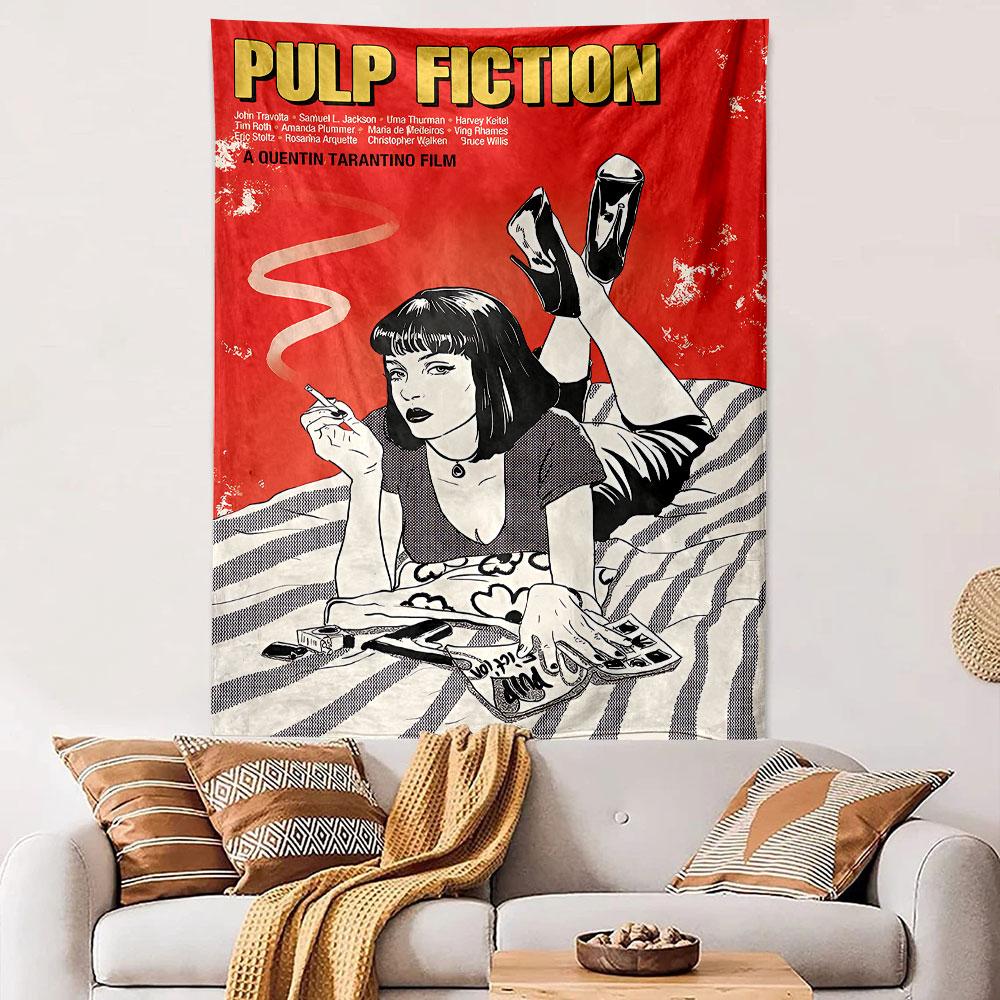 A woman lounging on a striped surface with a cigarette and a magazine. Patterned tapestry for bedroom and living room home decor