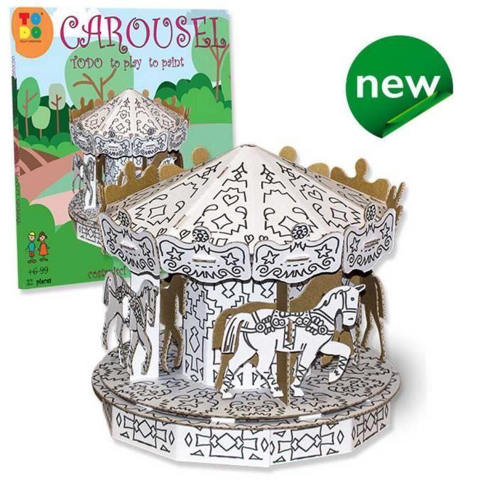 Kits à monter - Carousel en kit carton à colorier et à monter sans colle - 32 pièces - 20 x 20 x 20 cm TODO