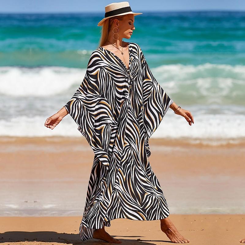 EDOLYNSA Sexy Striped Bikini Cover-ups Casual V-neck Side Split Summer Beach Dress Women Beach Wear Swim Suit Cover Up Q1297