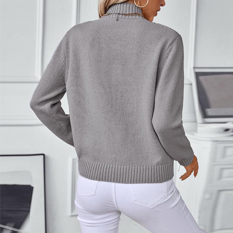 Drizzle Solid Color Half Turtleneck Pullover Women's Sweater - Autumn/Winter European & American Style Long-Sleeved Knitted Top