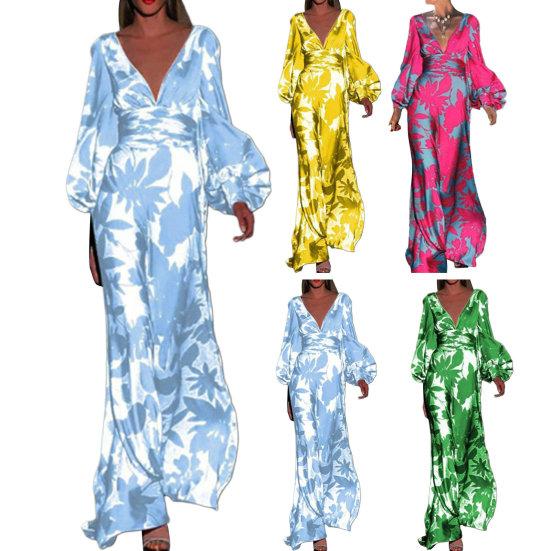 Ladies Dress Long Lantern Sleeve Deep V Neck High Waist Contrast Color Flower Print Big Hem Prom Banquet Cocktail Maxi Dress