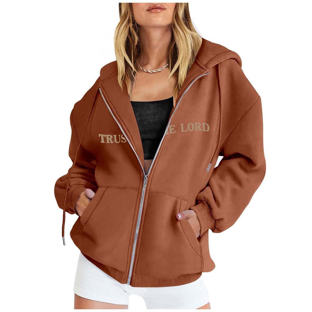 Women's Fashion Loose Casual Zip Printed Hooded Sweatshirt Jacket