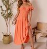 Summer new European and American off-shoulder orange dress with ruffled hem waist for slimming mid-length vacation dresses