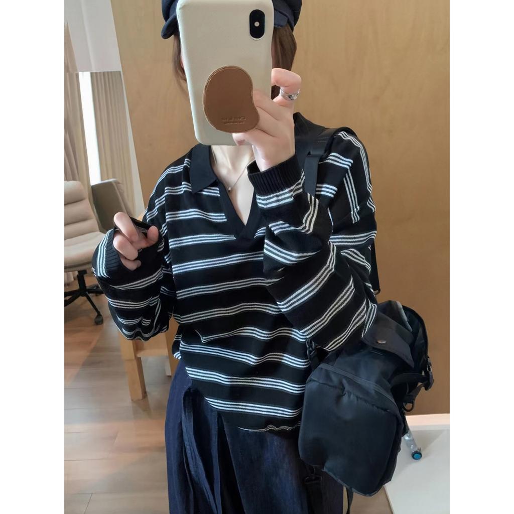 Винтажный ленивый ветер поло воротник свободный полосатый вязаный свитер женский весна и осень новый повседневный топ с длинным рукавом