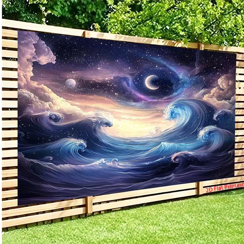 2D Fantasy Ocean Wave Backdrop Purple Starry Sky Moon Photo Background