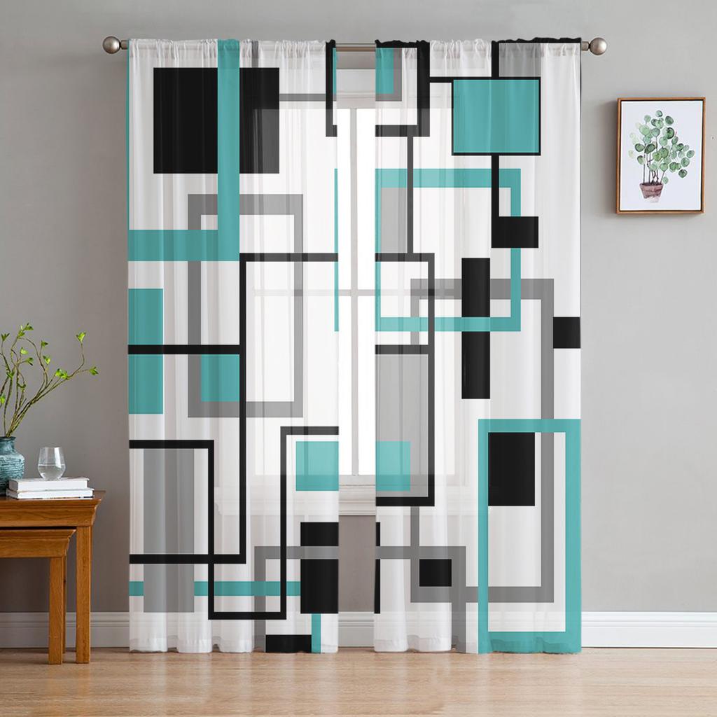 Abstract Geometric Squares Art Black Red Sheer Curtain Living Room Printed Tulle Window Curtain Luxury Home Balcony Decor Drapes