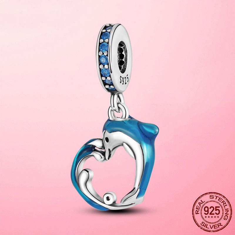 925 Silver Dolphin Love Charm Blue CZ Zircon Beads Pendant Fit Brand Bracelet Necklace Original 925 Silver Jewelry