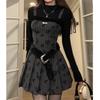 Spring Women's Y2K Vintage Spaghetti Strap Dress 2 Piece Set Black Gothic Dresses Sundress With Half High Collar Tops