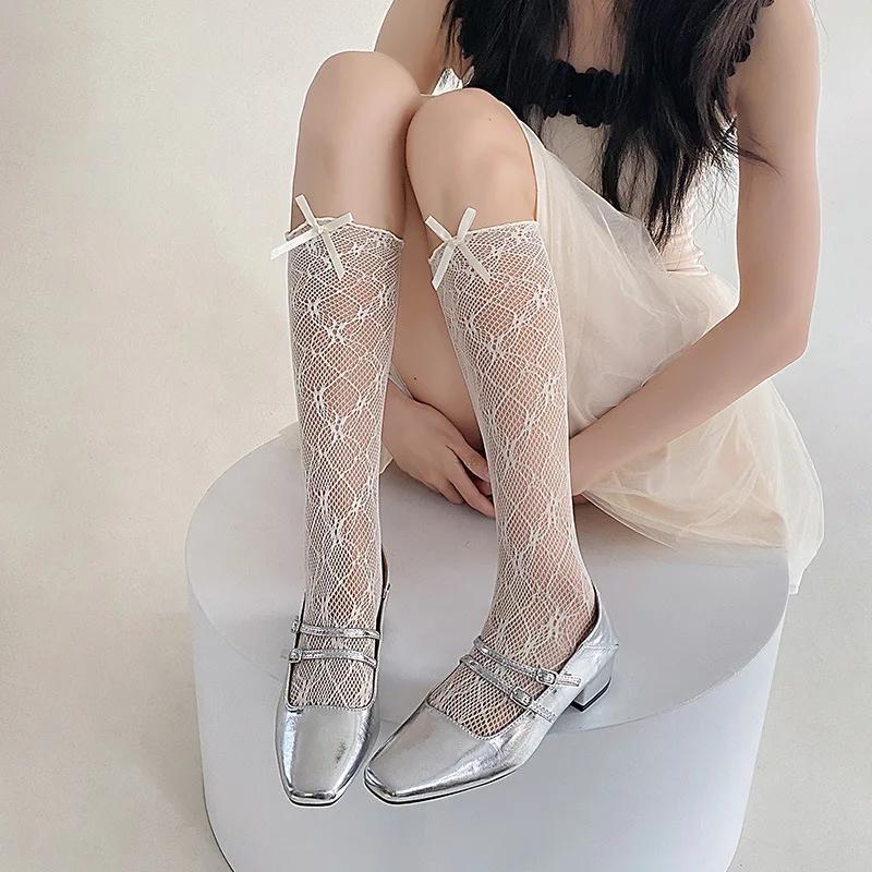 Сетчатые чулки Kawaii Bow Fashion Girls Гольфы Вырез Тонкие Дышащие Лолита Kawaii Длинные Носки Женские Чулки