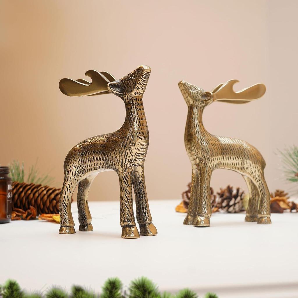 Latest Antique Golden Aluminium Christmas Reindeer Figurine Statue 2 Pcs | Reindeer Showpiece for Tabletop, Bookshelf, Desktop, Cabinets,