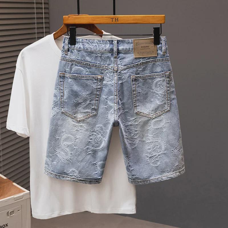 2024 Мужские модные свободные прямые джинсовые шорты: Молодежные бриджи средней длины