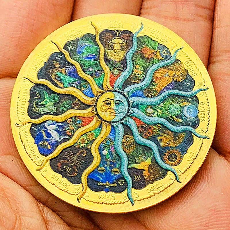 Twelve zodiac signs, color printing, Scorpio, gold-plated color printing commemorative medal, Gemini of love, decorative gold coin, Libra coin