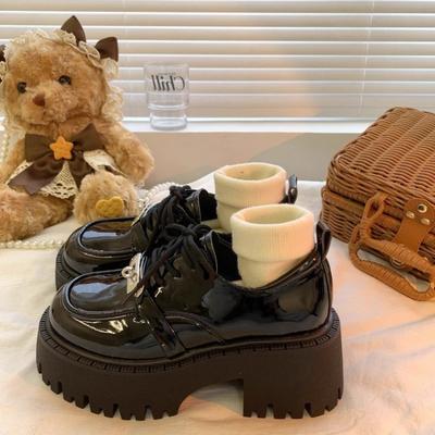 Осенние туфли на платформе из маленькой кожи, женские новые, на толстом каблуке, увеличивающие рост, черные, на шнуровке, хлопковые туфли