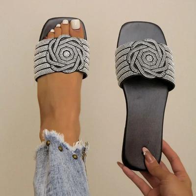 Модные женские тапочки Лето Новая мода С открытым носком Римские туфли для женщин Стразы Сексуальные шлепанцы на плоской подошве Слайды Zapatos Mujer