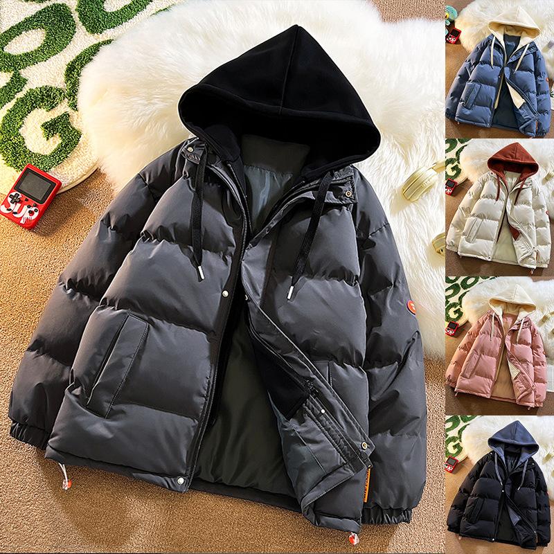 Мужские хлопковые подкладки Hong Kong Wind Loose Large Size Fake Two Hooded Coats Fashion Brand Thick Winter Bread Coat Lovers Мужские хлопковые подкладки