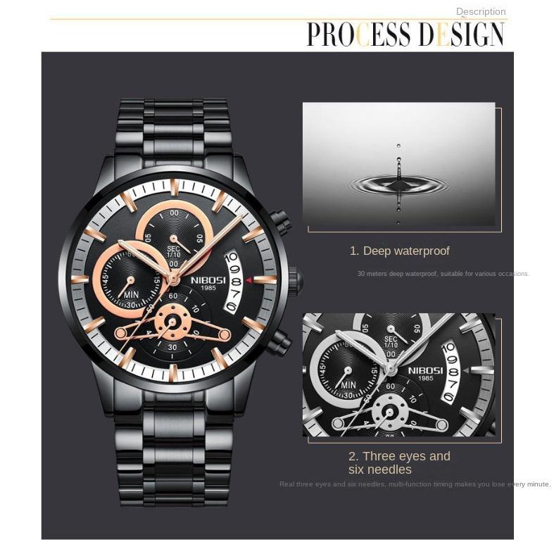 NIBOSI новые мужские часы с твердым стальным ремешком, водонепроницаемые кварцевые часы со стеклом и покрытием, светящиеся в темноте, 3 глаза, 6 контактов