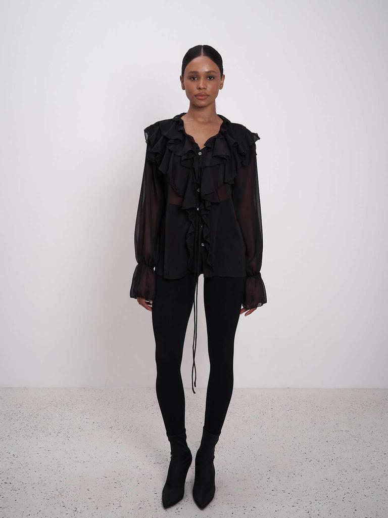 Стильная европейская и американская блузка с завязками, пышными рукавами и оборками, V-образным вырезом - однотонный женский весенний топ