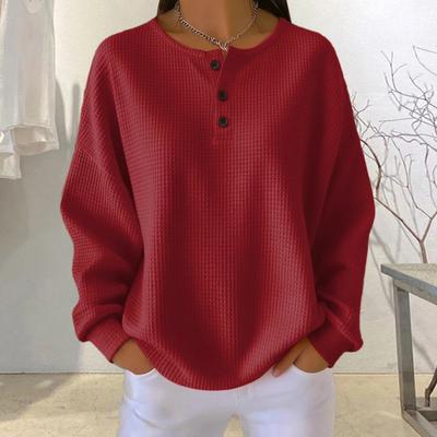 Yousheng Женские топы с круглым вырезом, декорированные пуговицами, пуловеры с длинным рукавом, однотонные, текстурированные блузки вафельного переплетения для повседневной носки