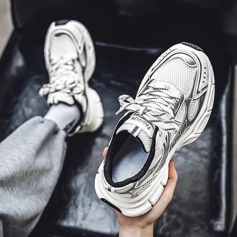 Men's shoes summer breathable deodorant mesh sports leisure thick sole heightening feet wide fat silver