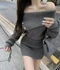 Korean Style Mini Knitted One Piece Dress Women Slash Neck Long Sleeve Grey Dresses Vintage Fall Vestidos