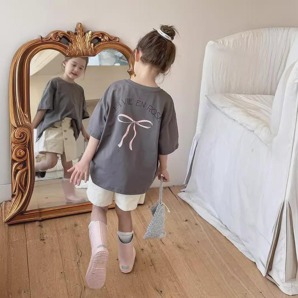 Свободное платье-футболка в корейском стиле для девочек с бантом сзади - летняя одежда с короткими рукавами, средний размер