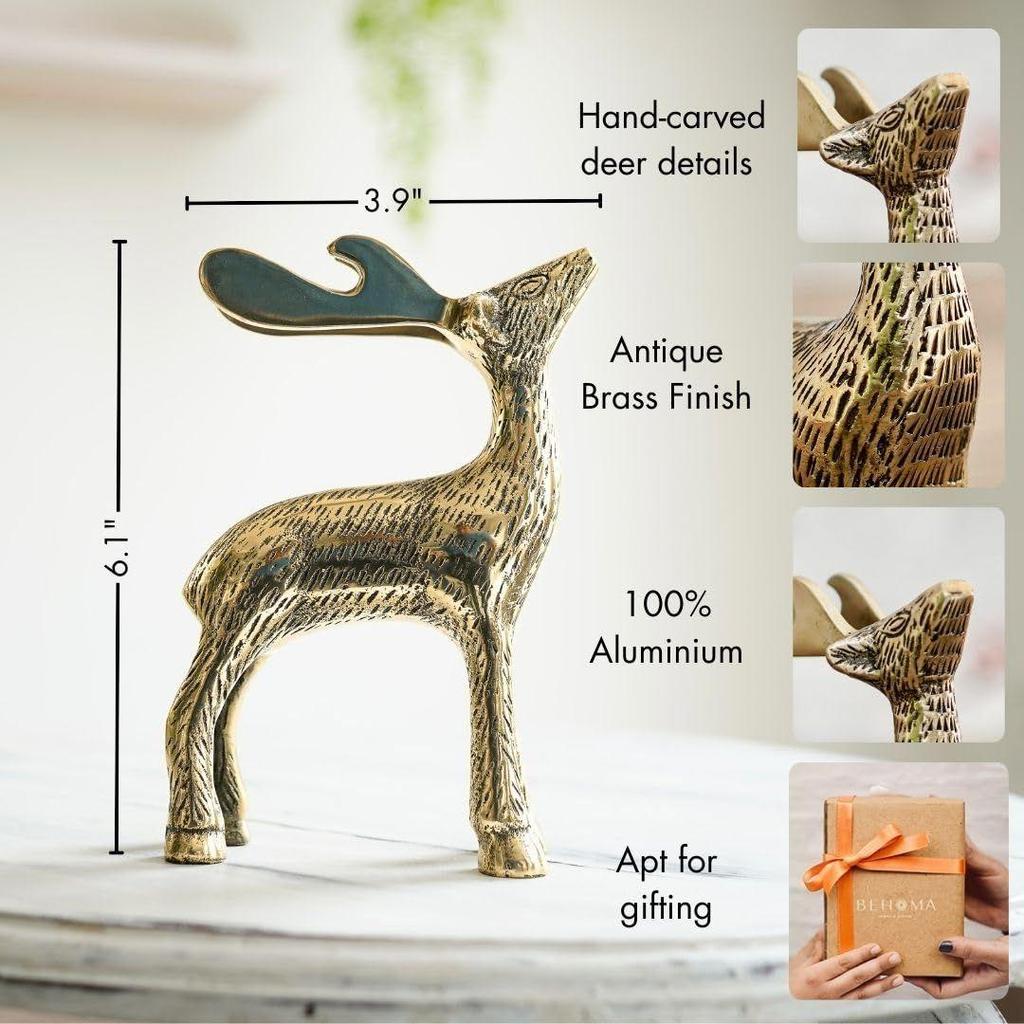 Latest Antique Golden Aluminium Christmas Reindeer Figurine Statue 2 Pcs | Reindeer Showpiece for Tabletop, Bookshelf, Desktop, Cabinets,