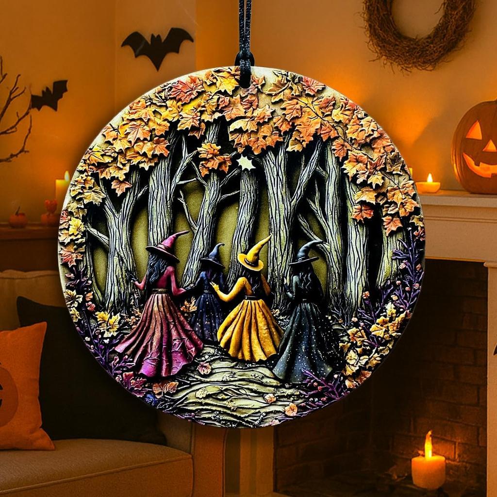 Halloween Stained Glass Window Ornament, Witch Scene with Pumpk, Acrylic Hanging Suncatcher, Round Wall Art Decor, Witchy Ornament for Home Friends