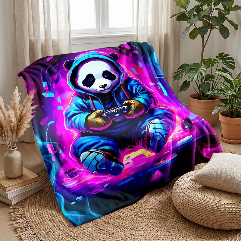 Neon Panda Gamer Theme blanket Lightweight Warm Flannel Blanket Decorative Throw Blanket for Home Decoration