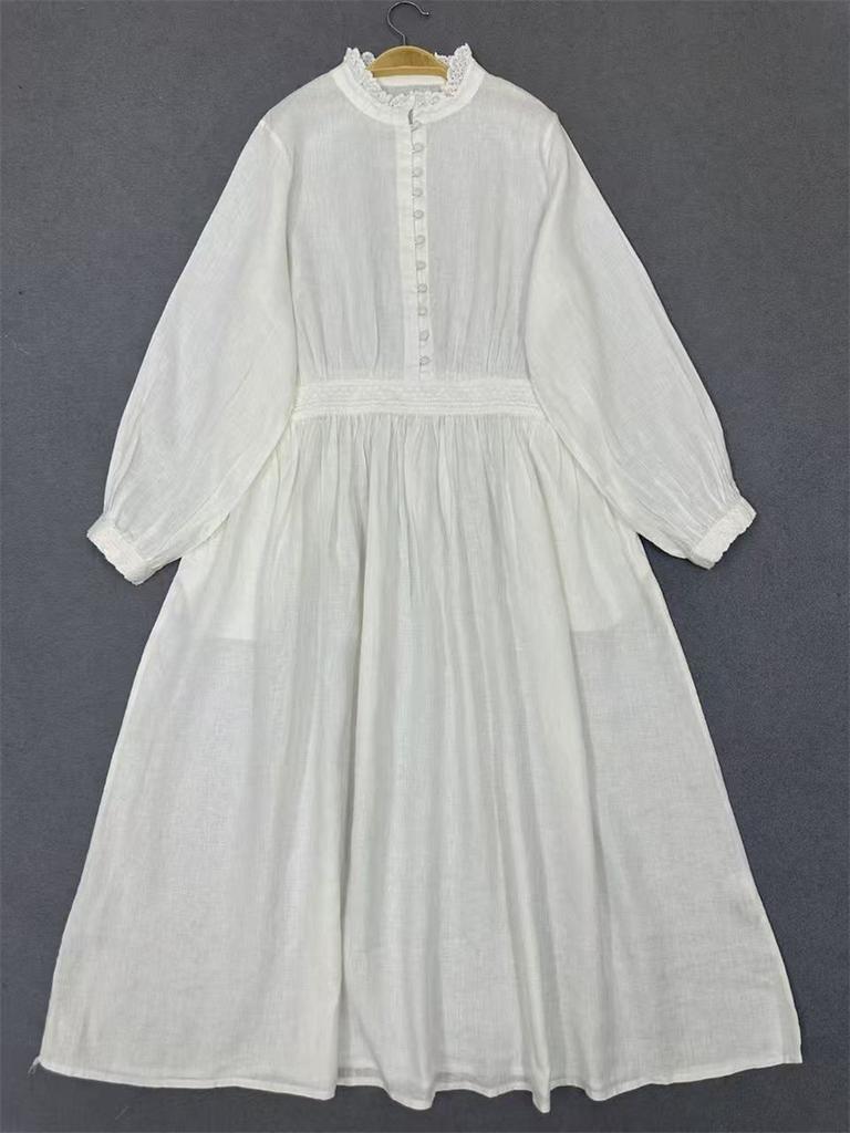 Johnature Весеннее платье с длинным рукавом, японский воротник-стойка, отделка «деревянное ушко», однотонное, винтажное, свободного кроя, женское