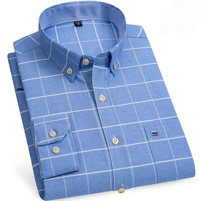 Oxford Men Fashion 100% Cotton Thin Long Sleeve Casual Slim Solid Color Plaid Print Stripe Formal Dress Shirt Plus Size