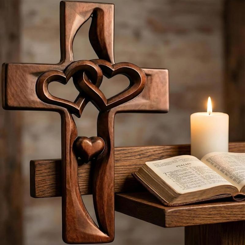 Marriage Cross Wall Decor, Handmade Wooden Cross with Intertwined Hearts, Hand-Carved Wall Hanging, Valentine’s Day Easter Wedding Gift