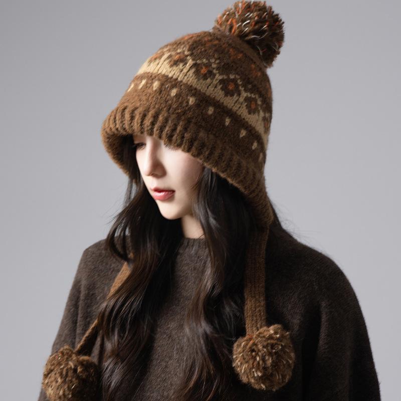 Повязка Красная Шляпа Женская Осень и Зима Ретро Вязаная Шерстяная Шапка Уличная Теплая Лысая Шапка