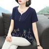 Women Loose V Neck Short Sleeve Printed Cotton T Shirt Middle Aged Mom Casual Top