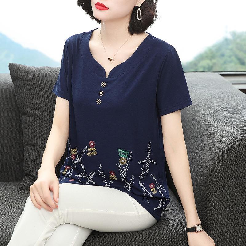 Women Loose V Neck Short Sleeve Printed Cotton T Shirt Middle Aged Mom Casual Top