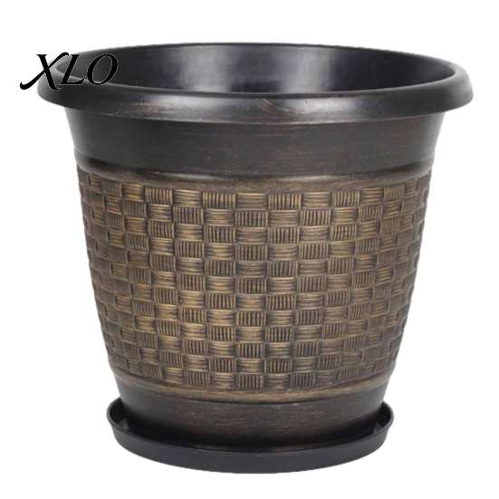 Thickened Material Garden Pots 12" Planter Pot with Saucer, Plastic Anti-Aging Flower Drainage Large Capacity Planters Holes, Woven Texture, Plant for