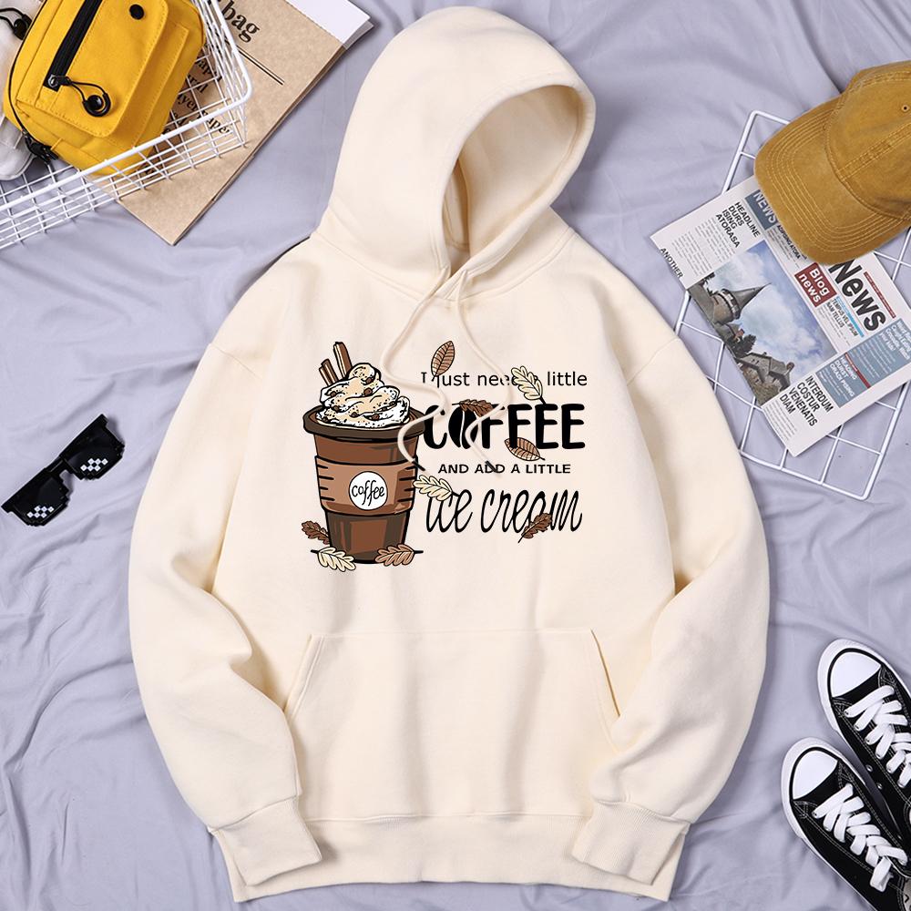 Мне Нужен Маленький Кофе И Мороженое Принт Худи Женская Флисовая Теплая Худи Повседневная S-Xxl Круглый Вырез С Капюшоном Осень Удобные Топы
