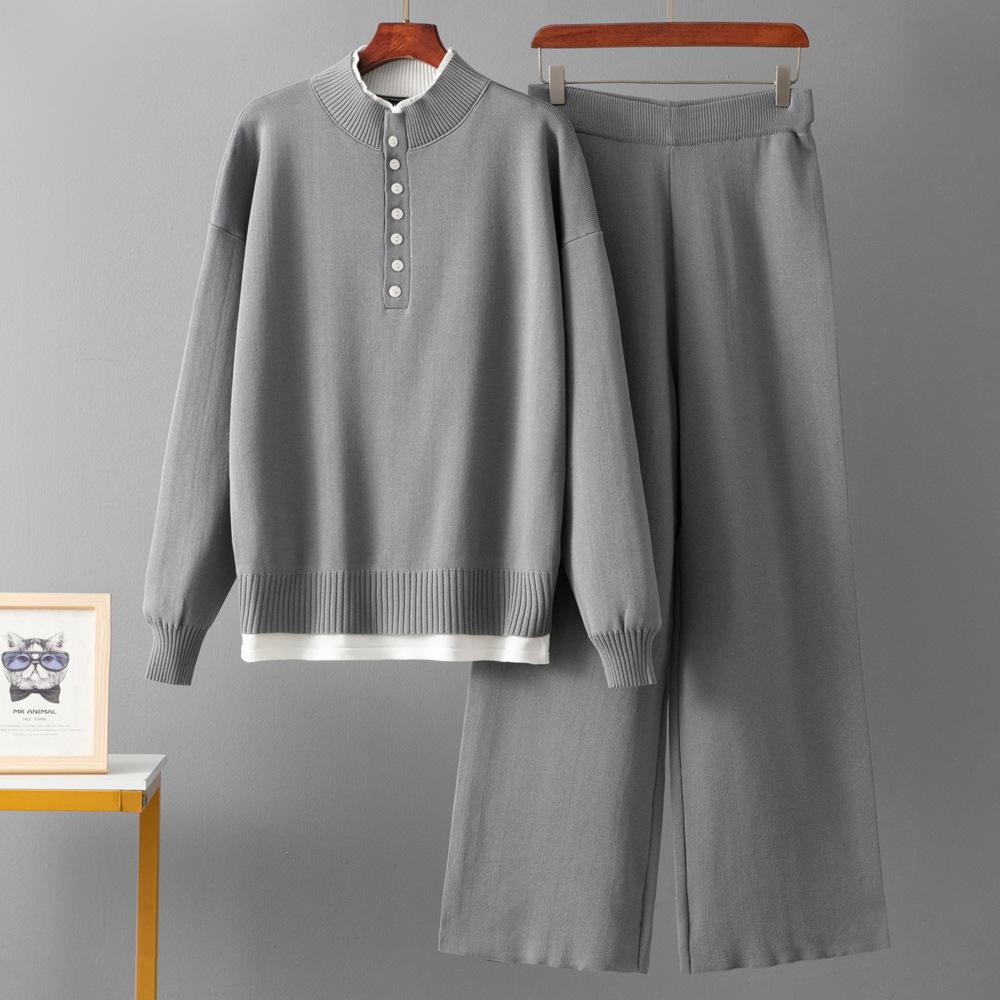 Модный повседневный шерстяной костюм женский осенне-зимний новый свободный свитер вязаные широкие брюки комплект из двух предметов