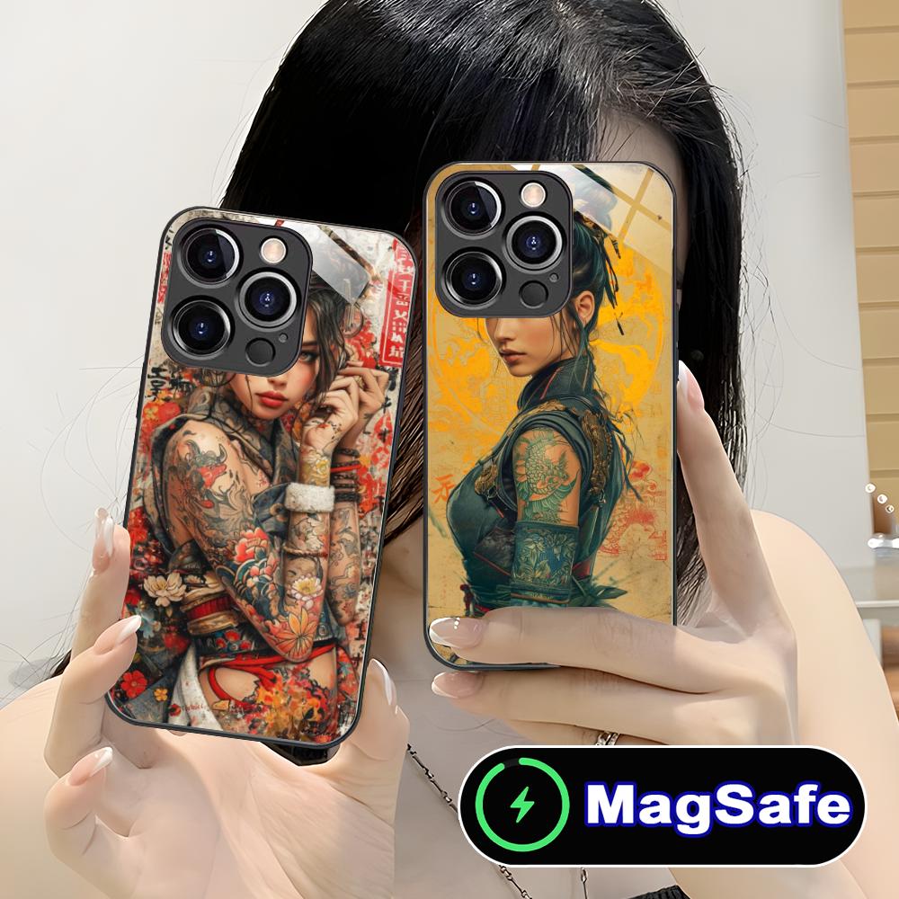 Ретро Тату Девушка Чехол для Мобильного Телефона для iPhone 17 16 15 14 13 12 11 Air Pro Max Plus Mini MagSafe Стеклянный Цветной Чехол Красивый