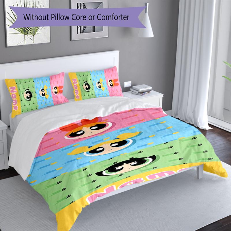 3pcs Custom Name The Powerpuff Girls Bedding Set,Includes 1 Duvet Cover and 2 Pillowcases,All-season Bedroom Decor