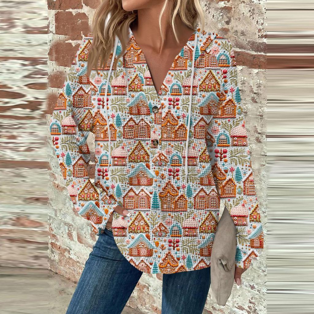 Женская мода с длинным рукавом, завязками на шнурке, капюшоном, пуговицами, V-образным вырезом, повседневная толстовка с капюшоном и рождественским принтом