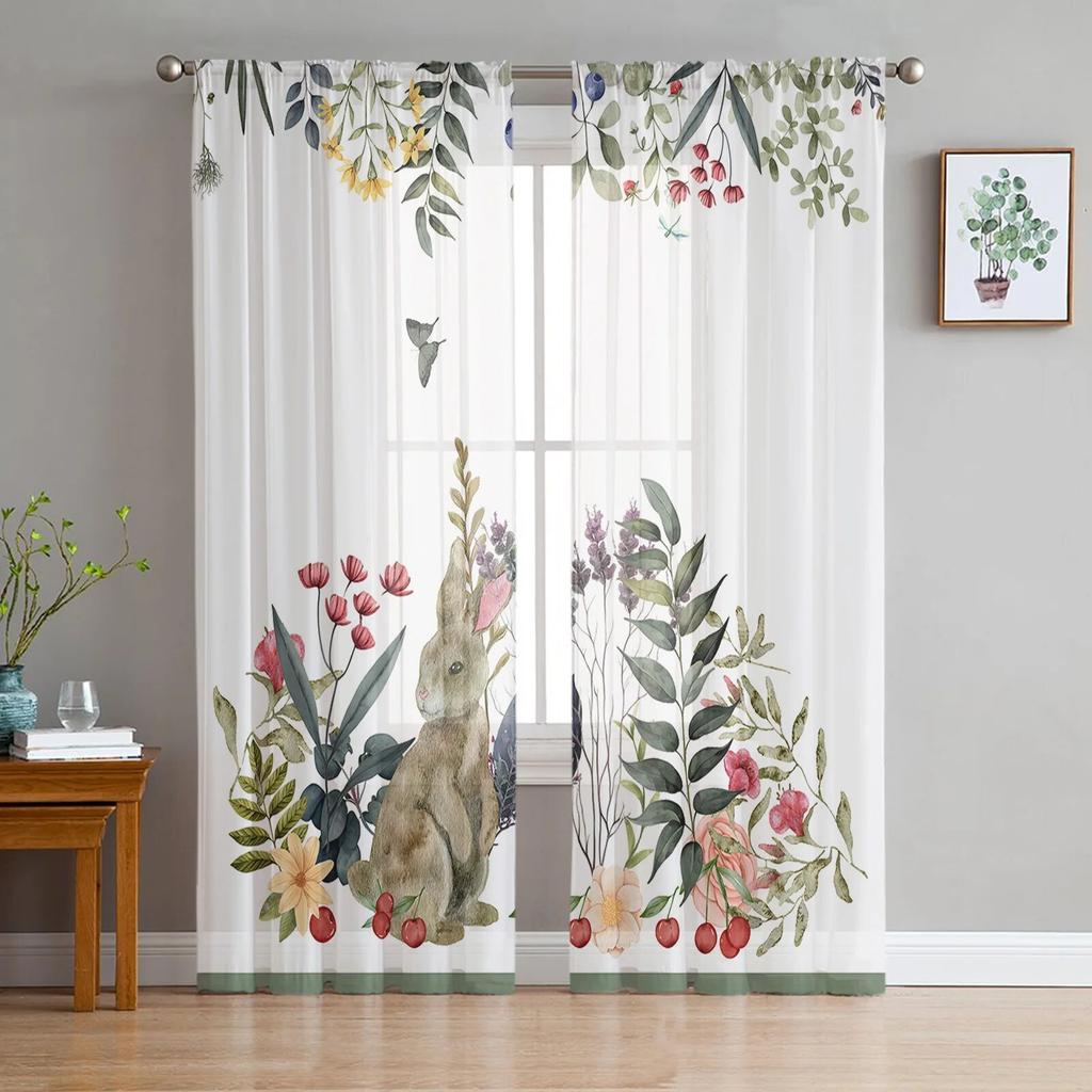 Watercolor Animal Rabbits Flower Plant Sheer Curtains For Living Room Kitchen Window Curtains Bedroom Tulle Voile Curtains